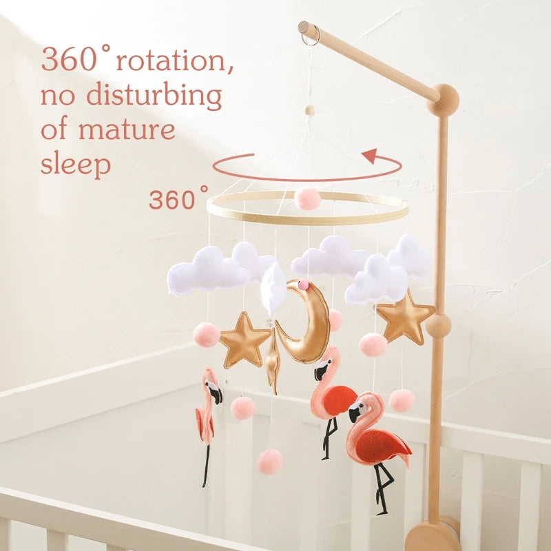 Wooden Crib Mobile with Flamingo Dolls – Baby Bed Bell Rattle Toy