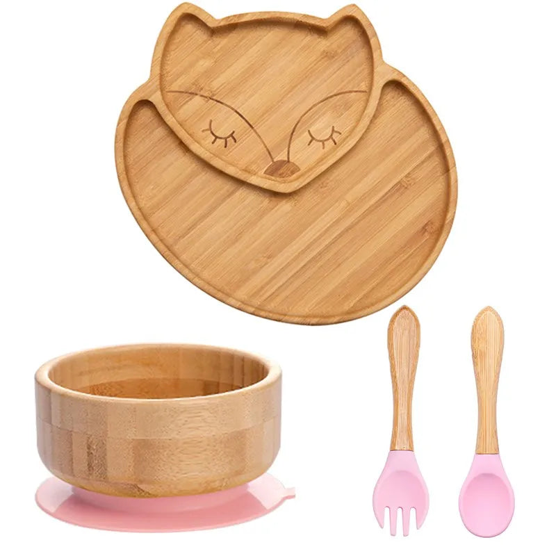 Bamboo Kids Tableware Set – 4pcs Suction Plate, Bowl & Utensils