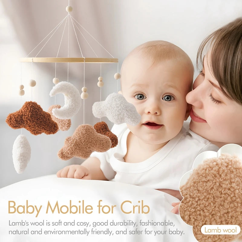 Wooden Baby Rattle Crib Mobile – Cartoon Cloud & Lamb Toy, 0-12M