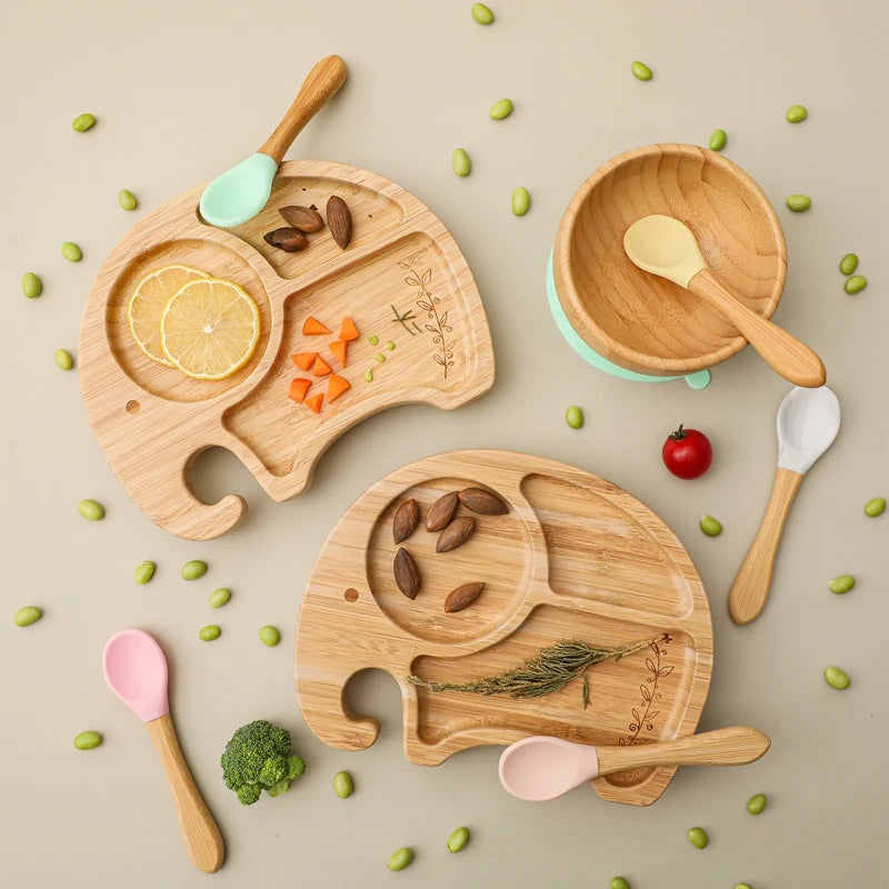 Bamboo Kids Tableware Set – 4pcs Suction Plate, Bowl & Utensils