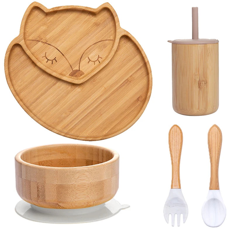 Bopoobo 5-Piece Bamboo Baby Tableware Set - BPA Free, Suction Plates, Eco-Friendly, Perfect for Weaning!