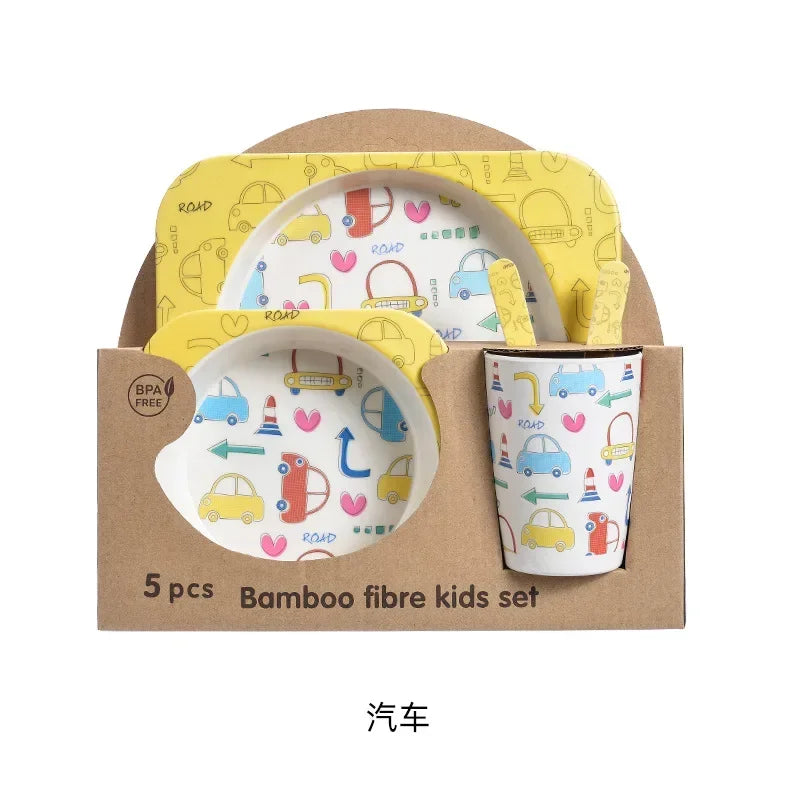 Bamboo Kids Tableware Set – Eco-Friendly Cartoon 5-Piece Gift