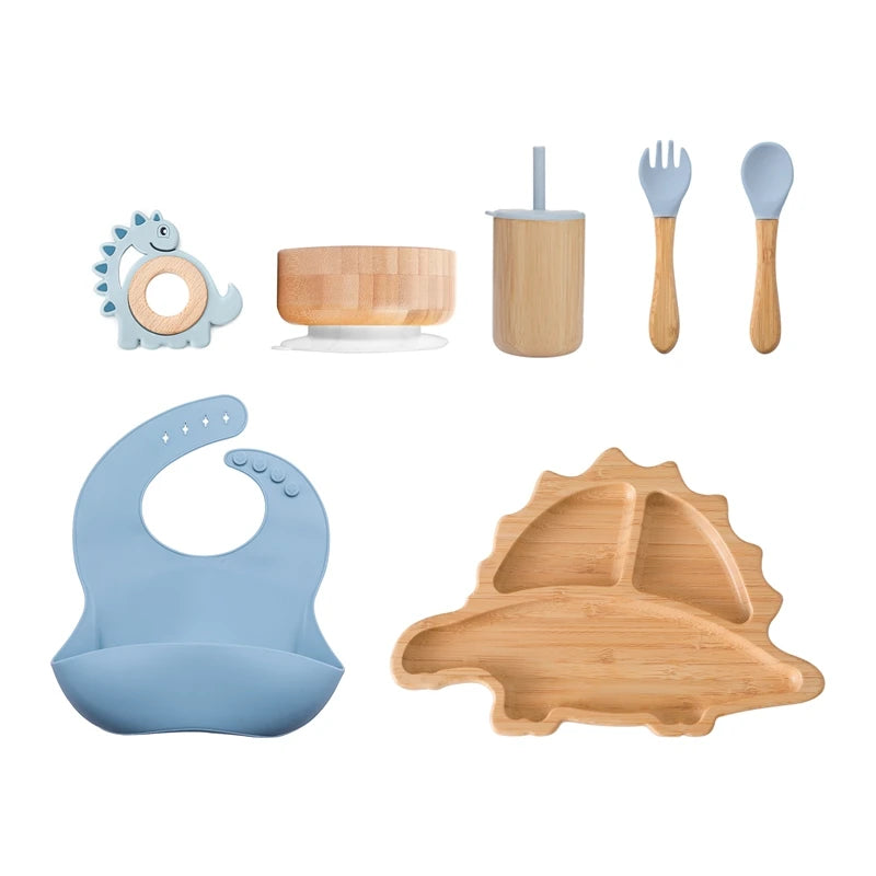 Eco-Friendly 7-Piece Bamboo & Silicone Baby Feeding Set - Safe, Non-Toxic Dinnerware for Kids