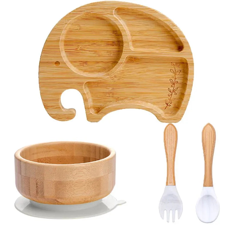Bamboo Kids Tableware Set – 4pcs Suction Plate, Bowl & Utensils