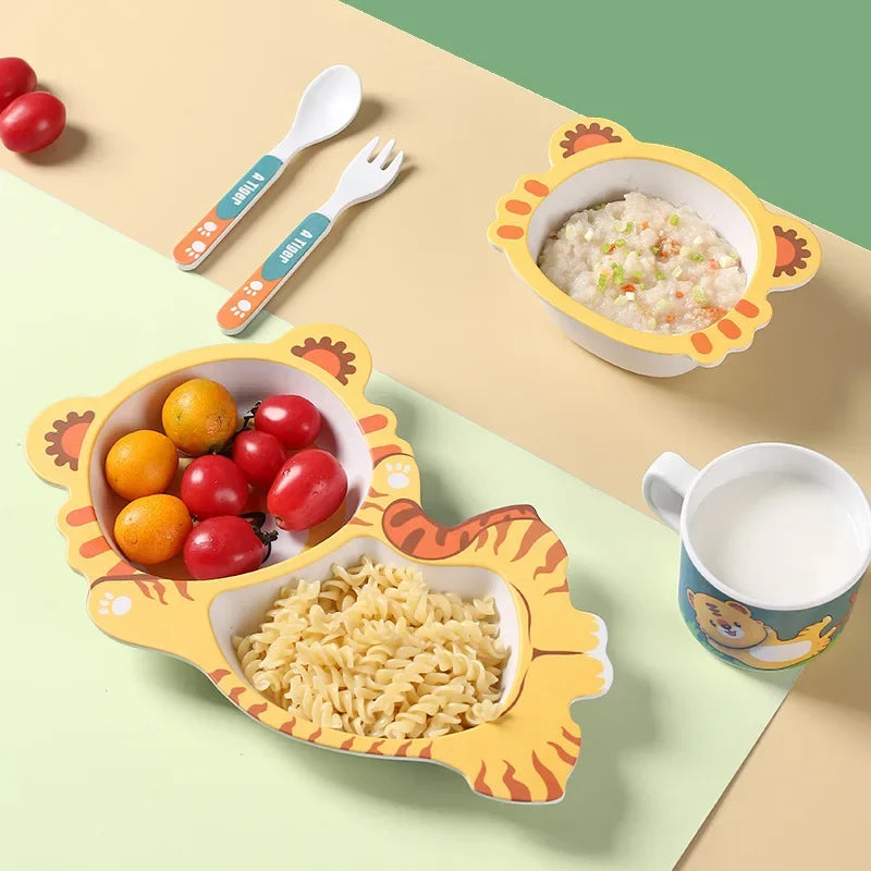 Bamboo Fiber Cartoon Dinosaur Baby Dinnerware Set - Eco-Friendly Feeding Plates, Bowls, and Utensils