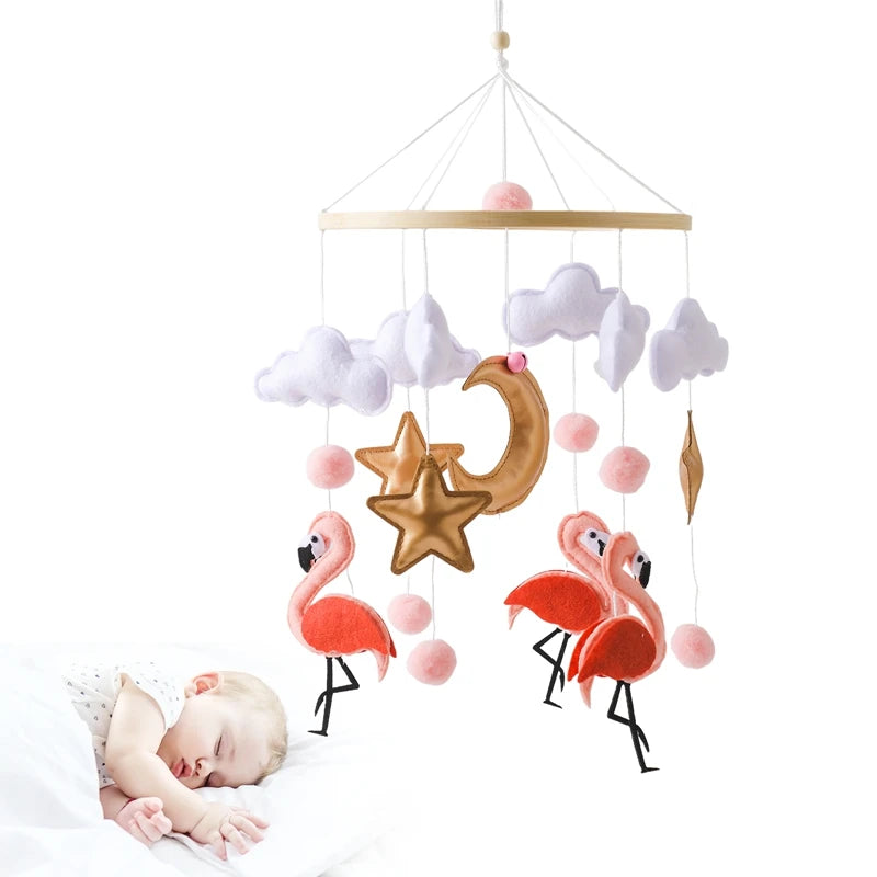 Wooden Crib Mobile with Flamingo Dolls – Baby Bed Bell Rattle Toy
