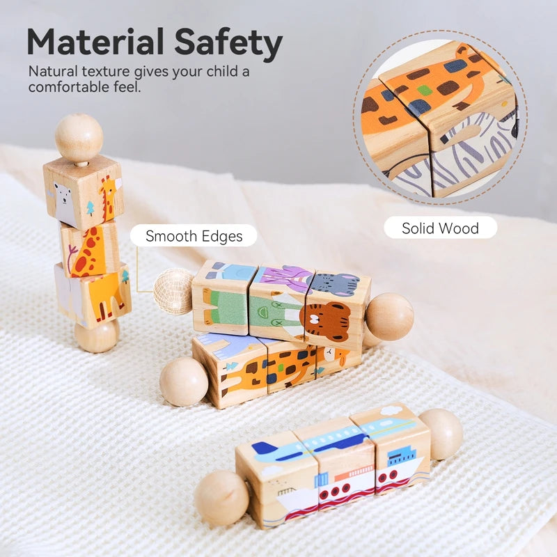 Baby Wooden Rattle Montessori Toy – Rotating Cartoon Puzzle Gift