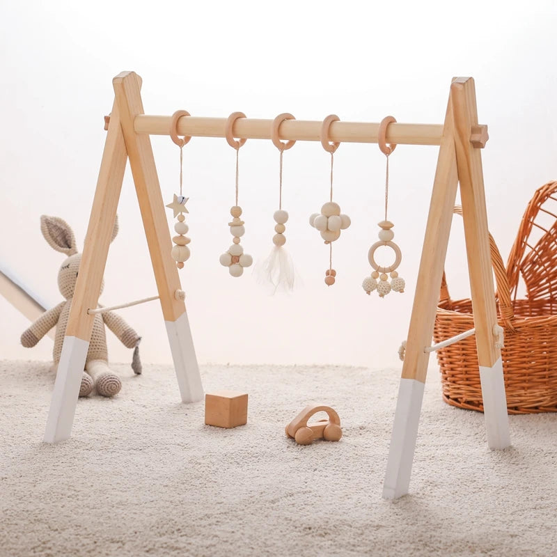 Baby Wooden Play Gym with Rattle Toys – Montessori Sensory Set