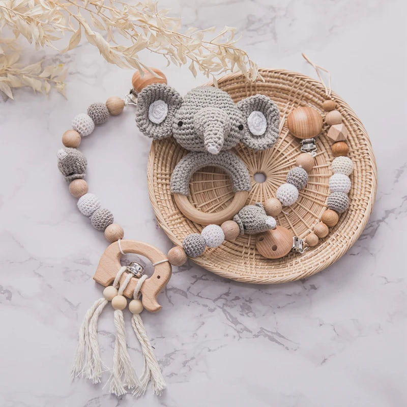 Baby Wood Crochet Stroller Toy – Elephant Crib Rattle Mobile