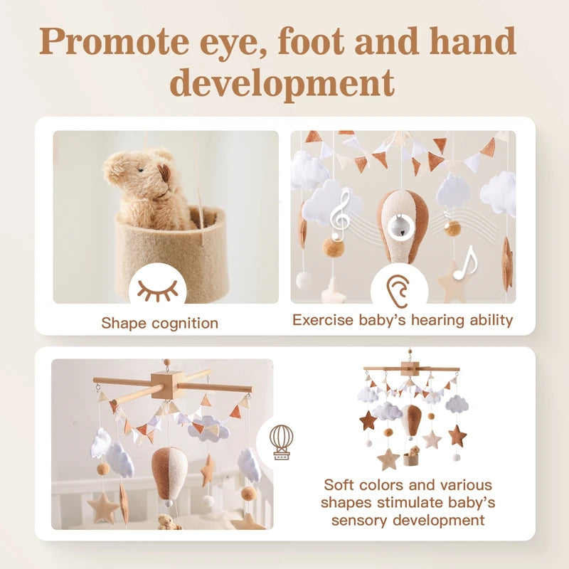 Wooden Baby Crib Mobile – Soft Felt Hot Air Balloon Bed Bell Toy