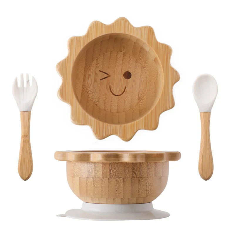 Eco-Friendly Baby Wooden Tableware Set: Bamboo Plates, Bowls & Silicone Suction Forks/Spoons for Safe Feeding