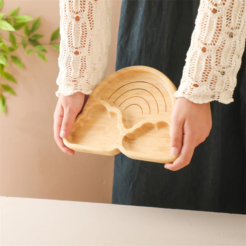 Eco-Friendly Baby Wooden Tableware Set: Bamboo Plates, Bowls & Silicone Suction Forks/Spoons for Safe Feeding