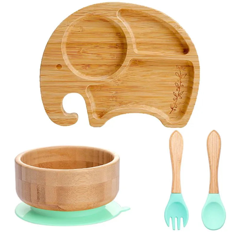 Bamboo Kids Tableware Set – 4pcs Suction Plate, Bowl & Utensils
