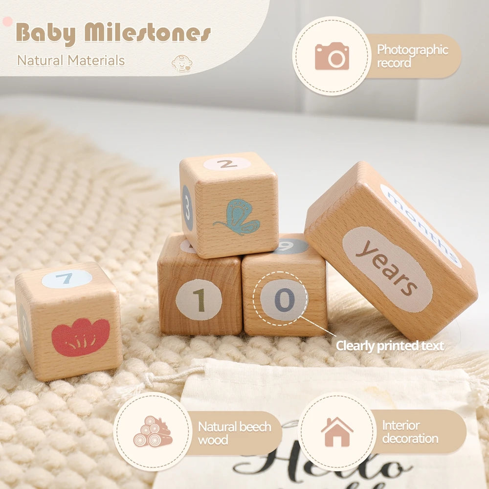 Wooden Baby Milestone Blocks – Engraved Beech Newborn Photo Props