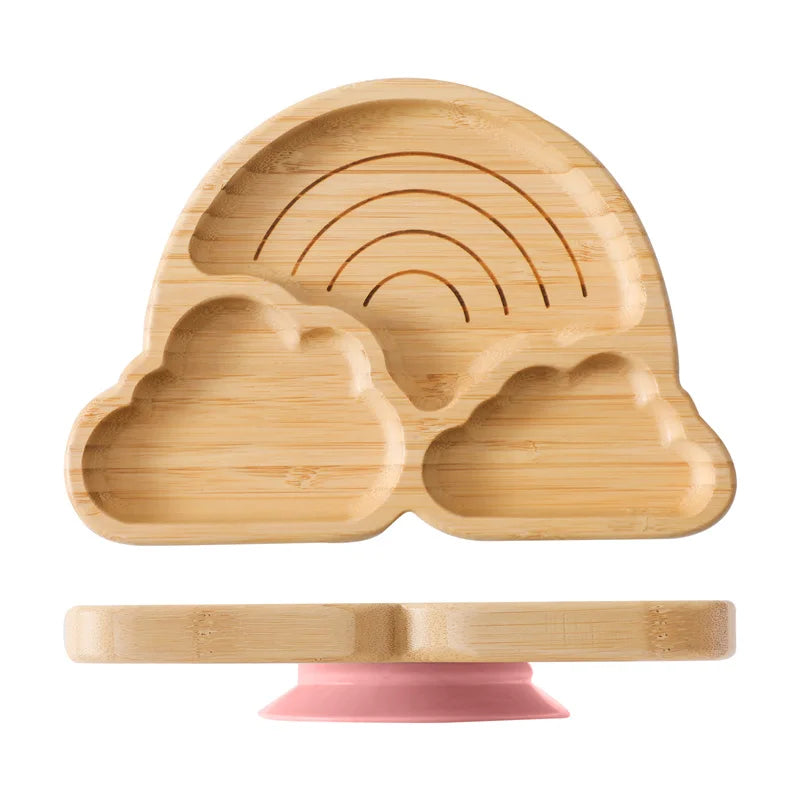 Eco-Friendly Baby Wooden Tableware Set: Bamboo Plates, Bowls & Silicone Suction Forks/Spoons for Safe Feeding
