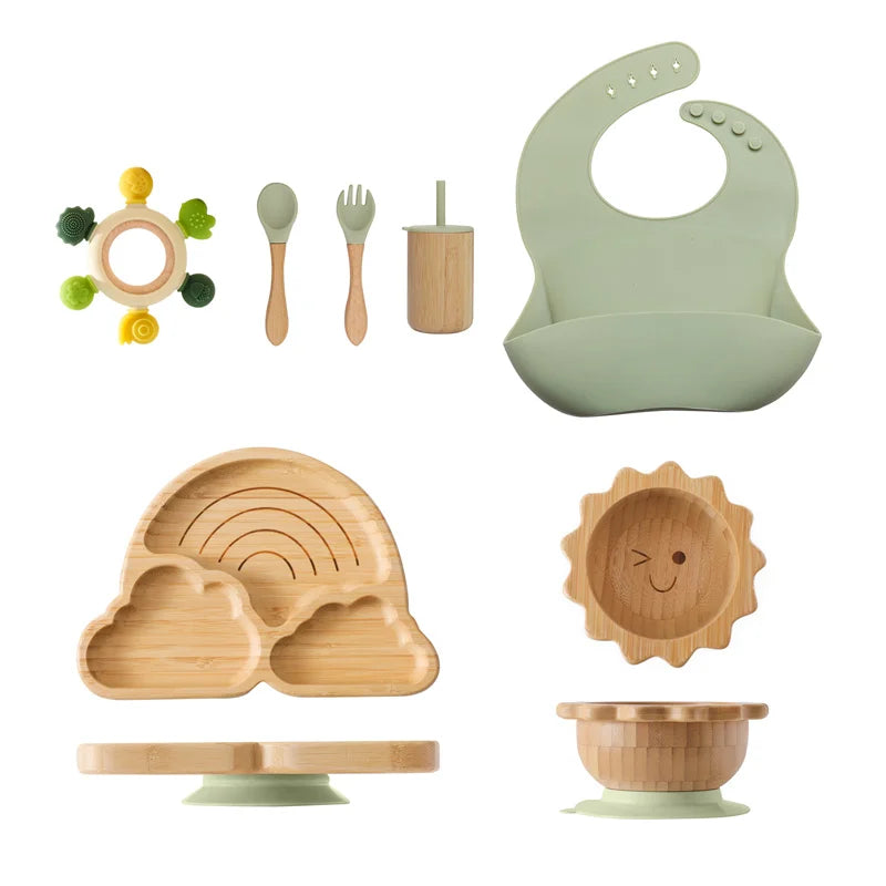 Eco-Friendly 7-Piece Bamboo & Silicone Baby Feeding Set - Safe, Non-Toxic Dinnerware for Kids