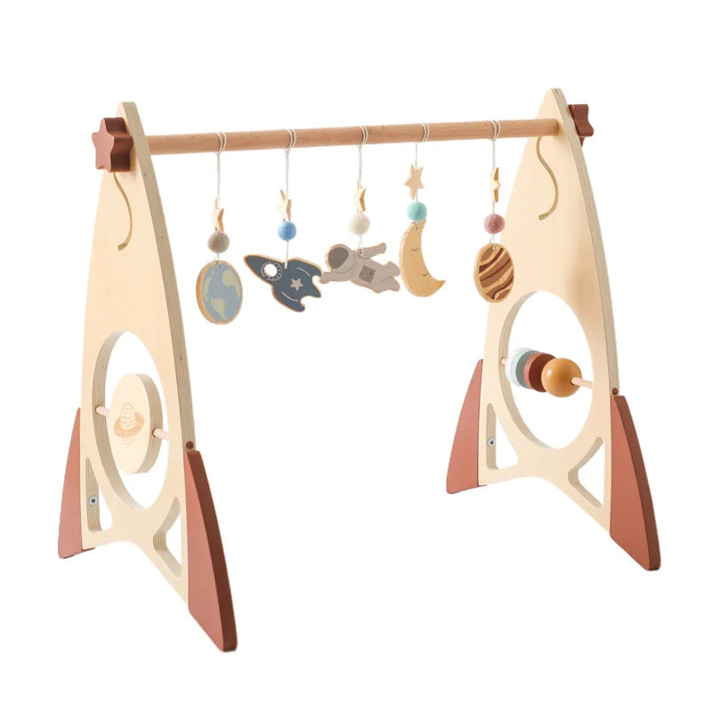 Baby Wooden Gym Frame – Montessori Rocket Activity & Rattle Toy
