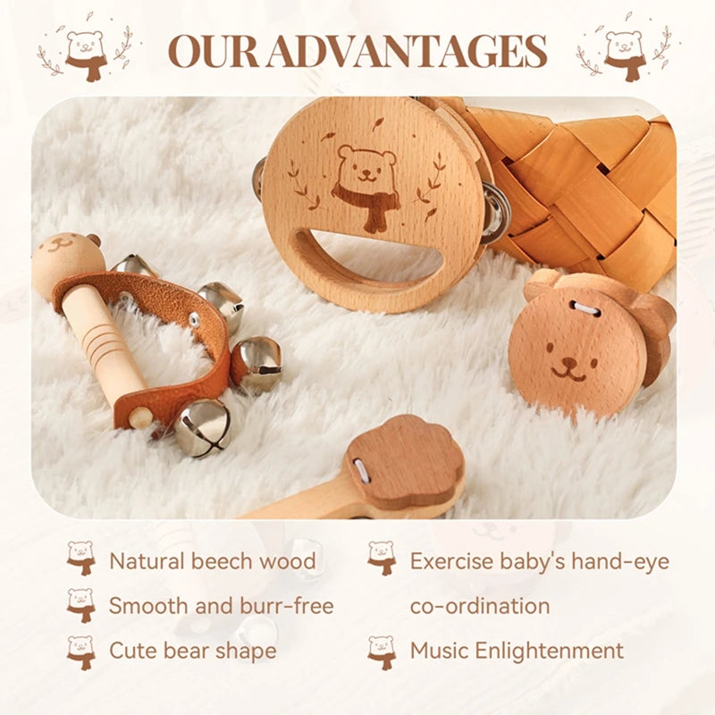 Wooden Montessori Bear Rattle – BPA Free Teething Toy for Babies
