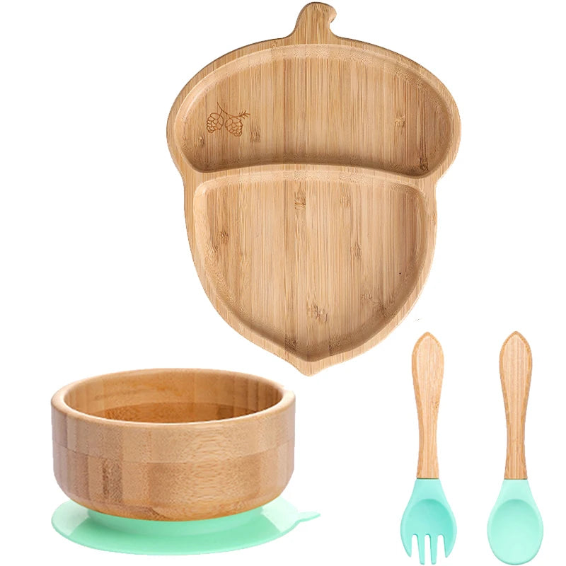 Bamboo Kids Tableware Set – 4pcs Suction Plate, Bowl & Utensils