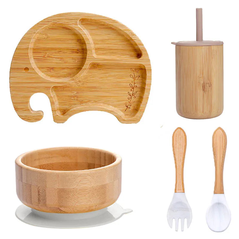Bopoobo 5-Piece Bamboo Baby Tableware Set - BPA Free, Suction Plates, Eco-Friendly, Perfect for Weaning!