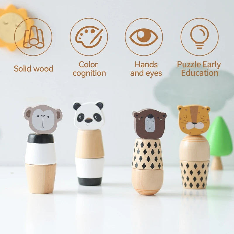 Wooden Montessori Bear Toy – Educational Cartoon Animal Rattle