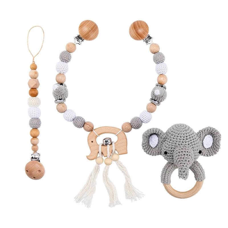 Baby Wood Crochet Stroller Toy – Elephant Crib Rattle Mobile