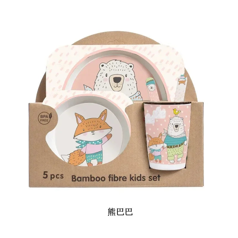 Bamboo Kids Tableware Set – Eco-Friendly Cartoon 5-Piece Gift
