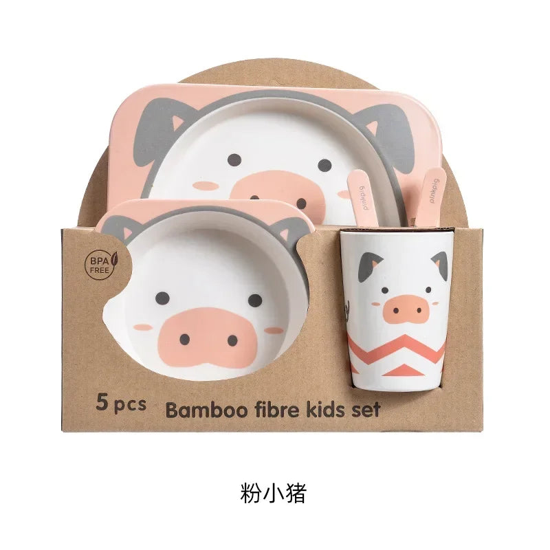 Bamboo Kids Tableware Set – Eco-Friendly Cartoon 5-Piece Gift