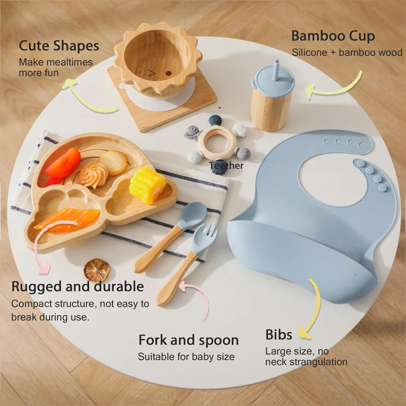Eco-Friendly 7-Piece Bamboo & Silicone Baby Feeding Set - Safe, Non-Toxic Dinnerware for Kids