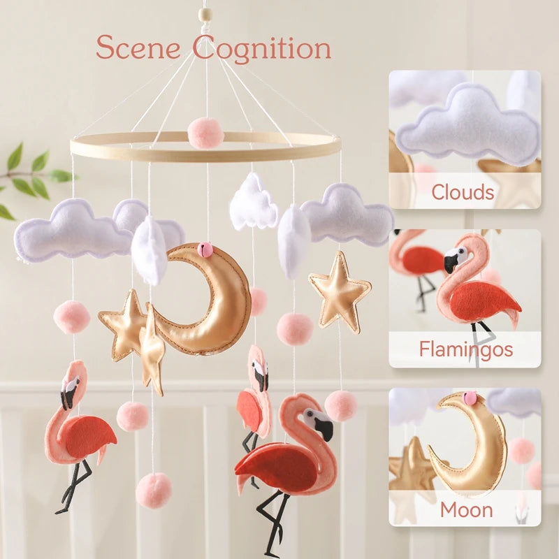 Wooden Crib Mobile with Flamingo Dolls – Baby Bed Bell Rattle Toy