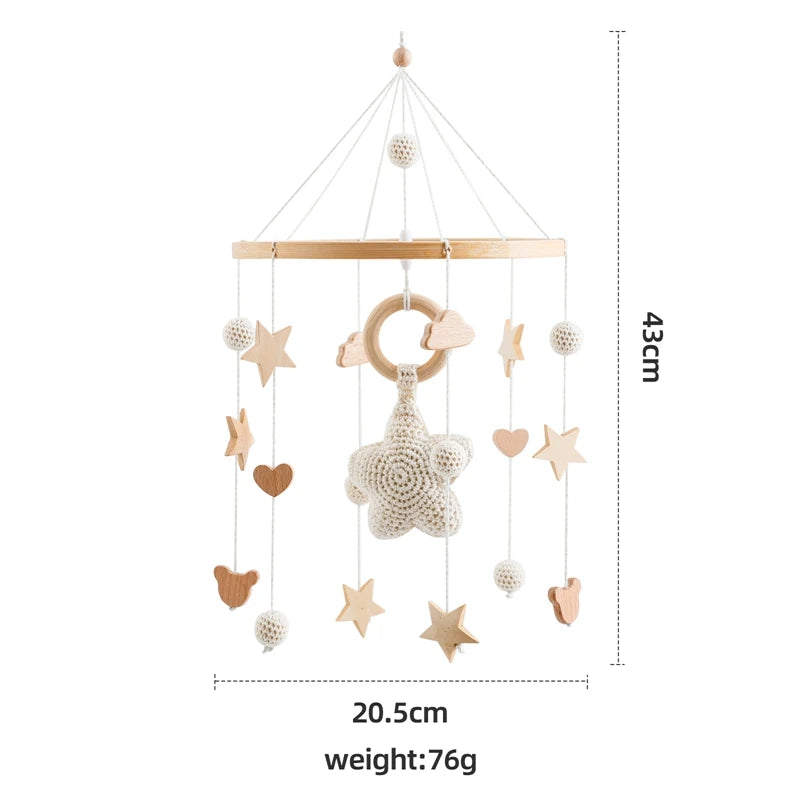 Wooden Baby Crib Mobile – Crochet Stars Bed Bell Rattle Toy