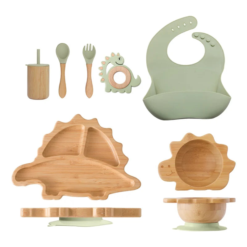 Eco-Friendly 7-Piece Bamboo & Silicone Baby Feeding Set - Safe, Non-Toxic Dinnerware for Kids