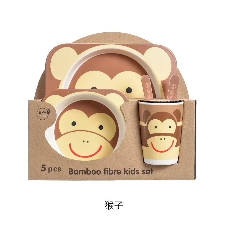 Bamboo Kids Tableware Set – Eco-Friendly Cartoon 5-Piece Gift