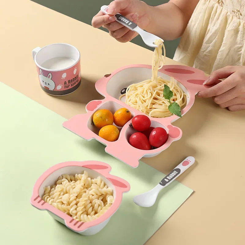 Bamboo Fiber Cartoon Dinosaur Baby Dinnerware Set - Eco-Friendly Feeding Plates, Bowls, and Utensils