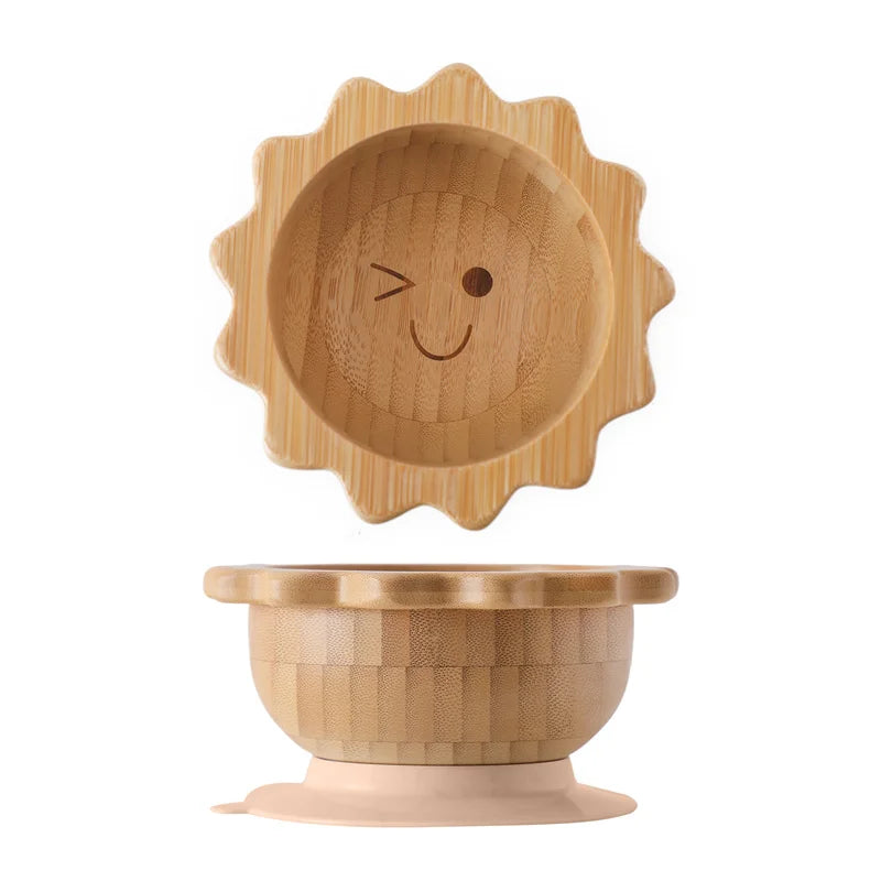 Eco-Friendly Baby Wooden Tableware Set: Bamboo Plates, Bowls & Silicone Suction Forks/Spoons for Safe Feeding