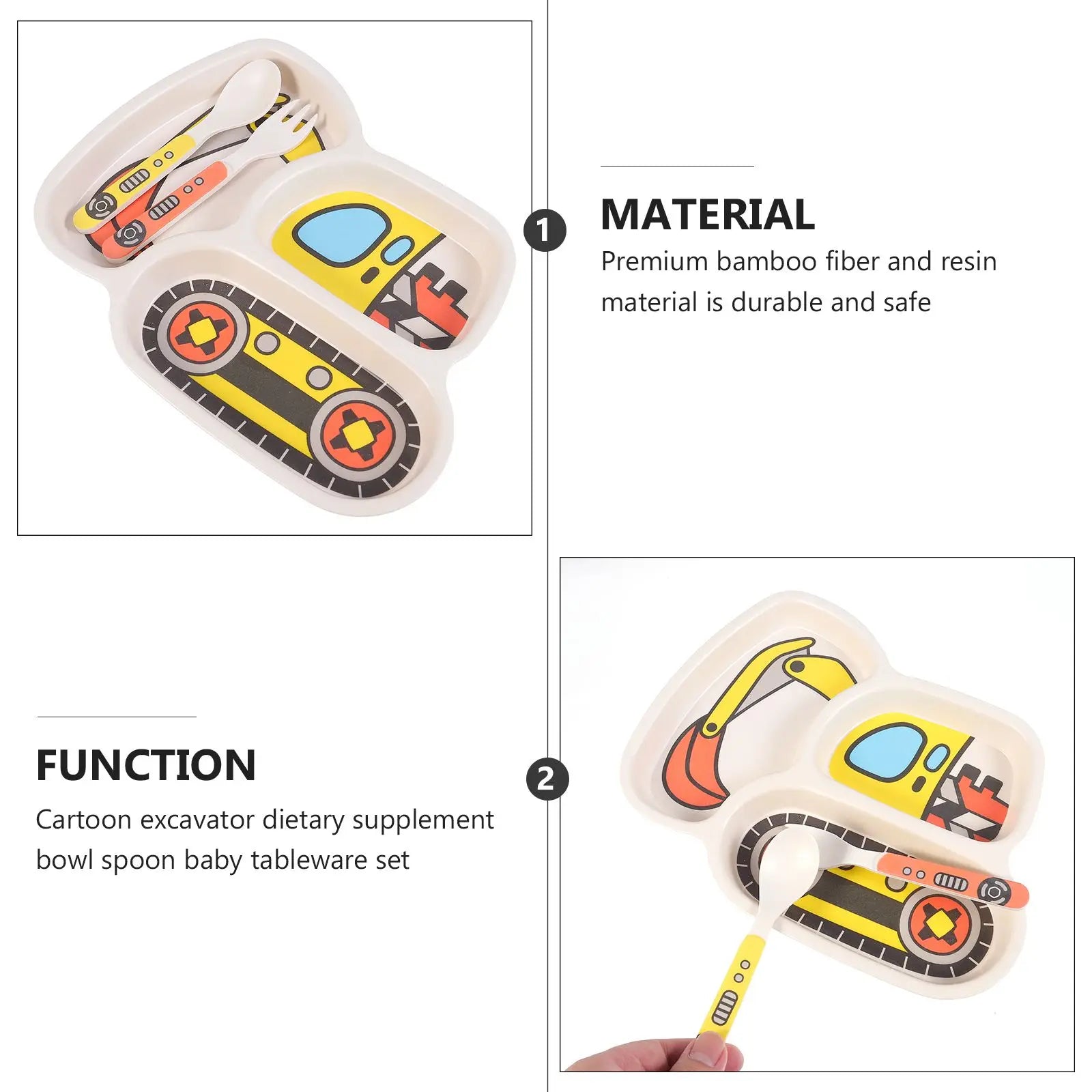 Durable Cartoon Bamboo Fiber Plate Set - Safe Tableware for Kids with Fork & Spoon
