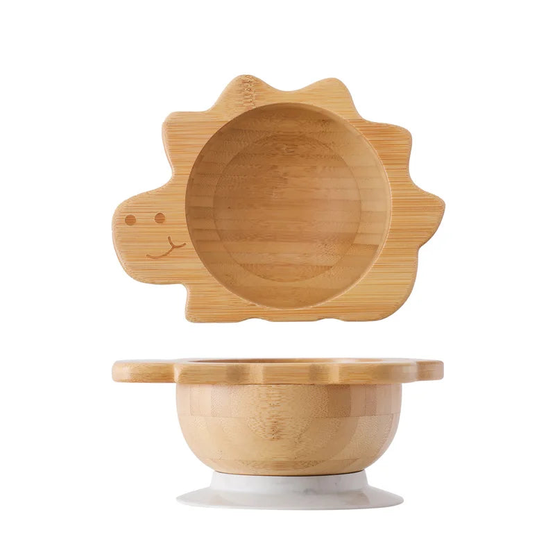 Eco-Friendly Baby Wooden Tableware Set: Bamboo Plates, Bowls & Silicone Suction Forks/Spoons for Safe Feeding