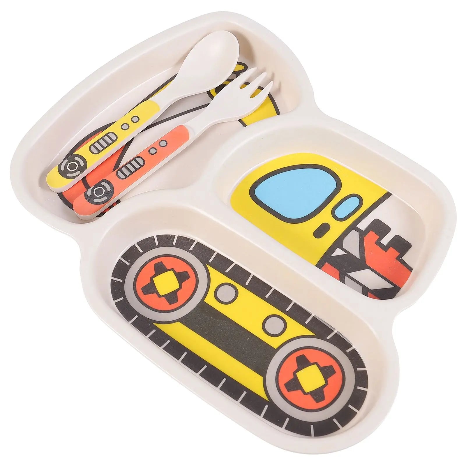 Durable Cartoon Bamboo Fiber Plate Set - Safe Tableware for Kids with Fork & Spoon