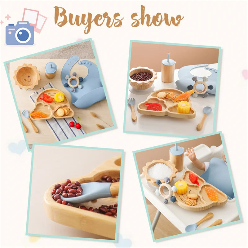 Eco-Friendly 7-Piece Bamboo & Silicone Baby Feeding Set - Safe, Non-Toxic Dinnerware for Kids