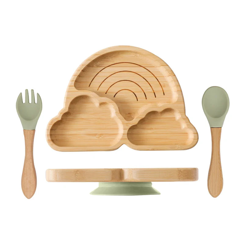 Eco-Friendly Baby Wooden Tableware Set: Bamboo Plates, Bowls & Silicone Suction Forks/Spoons for Safe Feeding