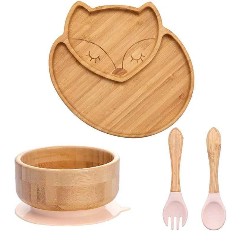 Bamboo Kids Tableware Set – 4pcs Suction Plate, Bowl & Utensils