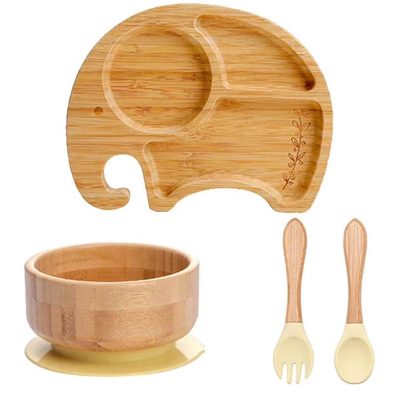 Bamboo Kids Tableware Set – 4pcs Suction Plate, Bowl & Utensils