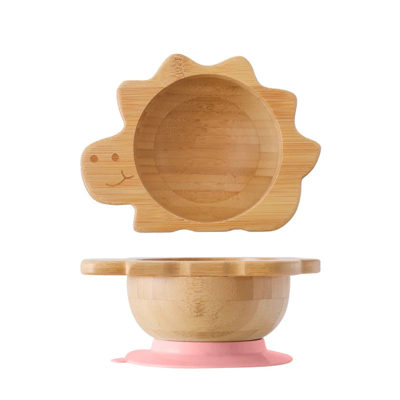 Eco-Friendly Baby Wooden Tableware Set: Bamboo Plates, Bowls & Silicone Suction Forks/Spoons for Safe Feeding
