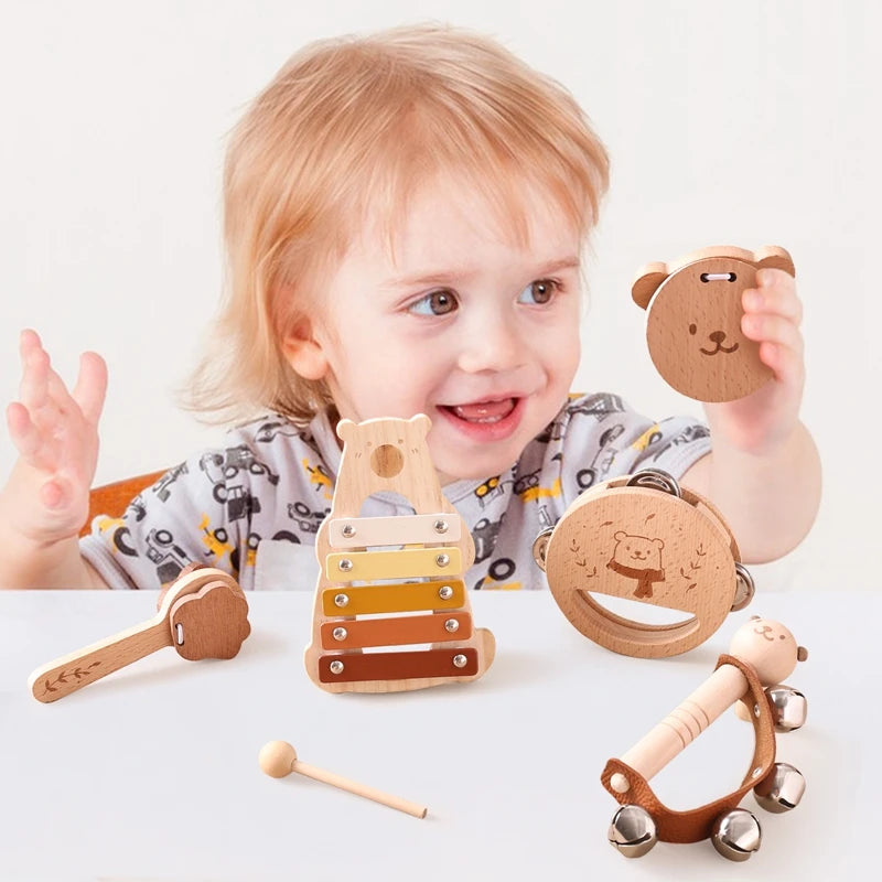 Montessori Wooden Musical Toys for Kids – Drum, Xylophone, Rattle