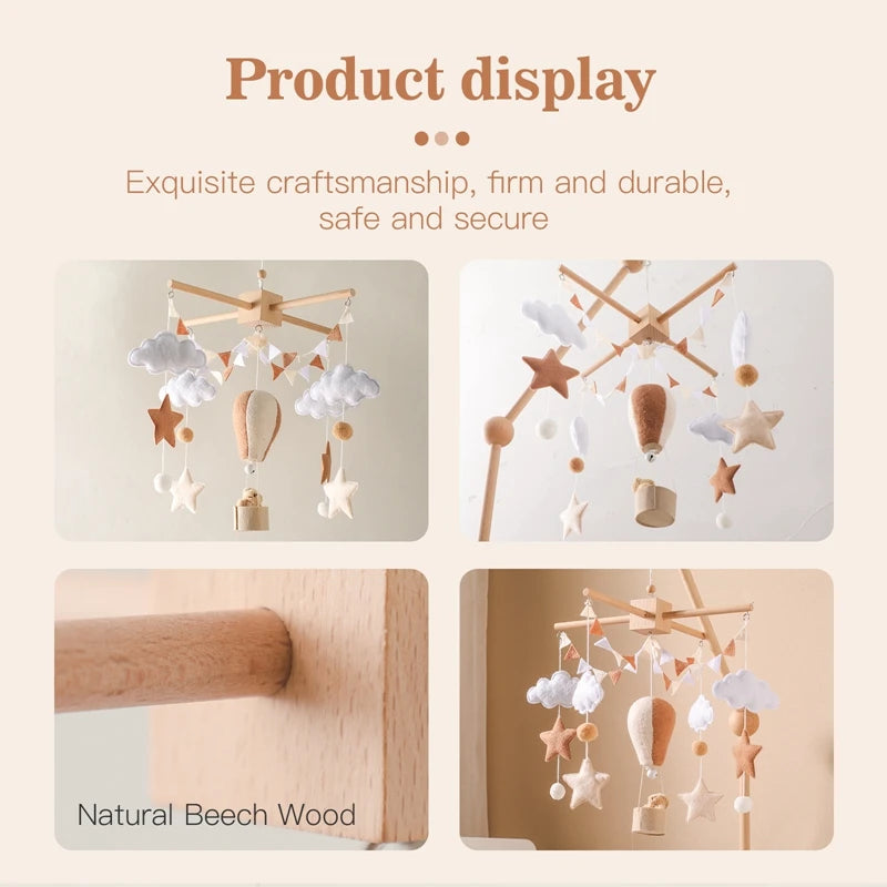 Wooden Baby Crib Mobile – Soft Felt Hot Air Balloon Bed Bell Toy