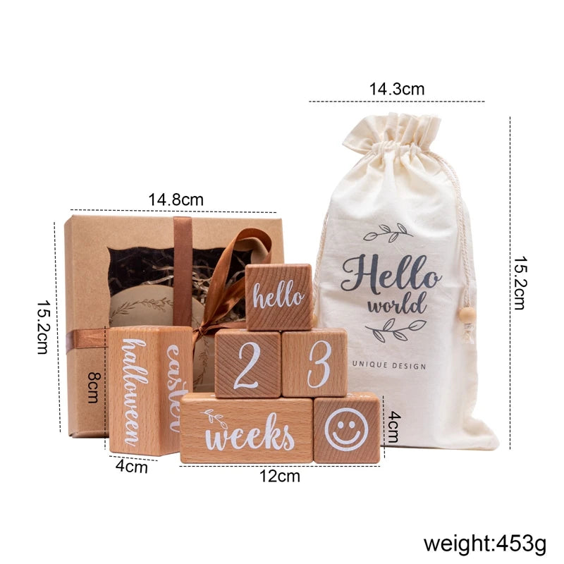 Wooden Baby Milestone Blocks – Engraved Beech Newborn Photo Props