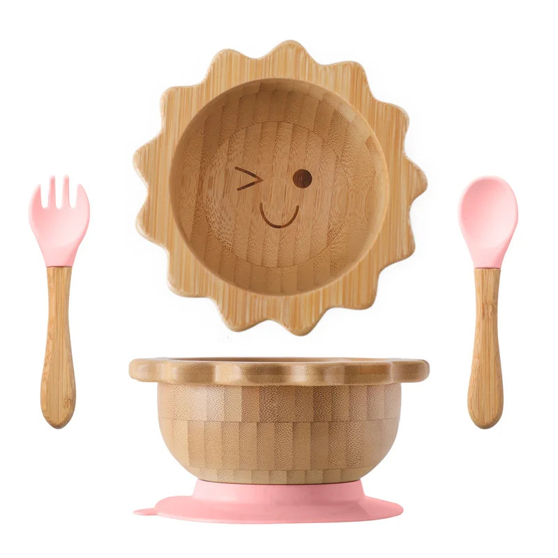 Eco-Friendly Baby Wooden Tableware Set: Bamboo Plates, Bowls & Silicone Suction Forks/Spoons for Safe Feeding