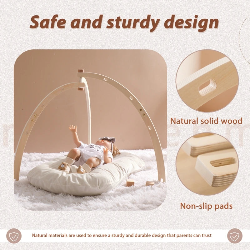 Wooden Baby Gym Frame with Sensory Rattle Toys – Foldable Play Set
