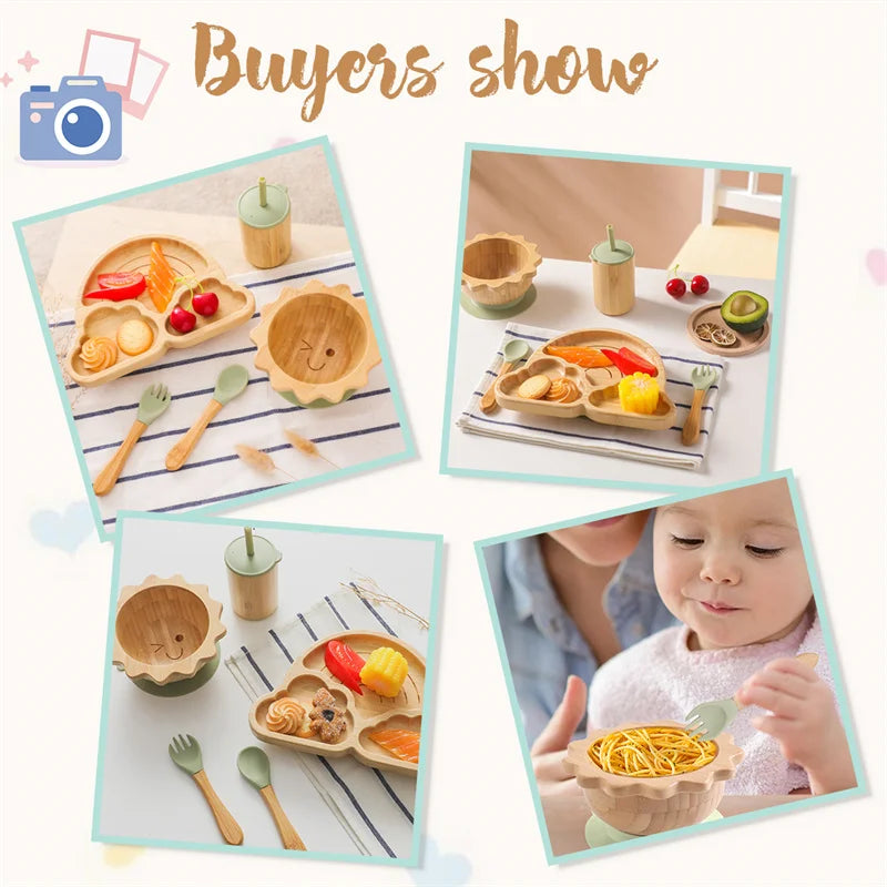 Bamboo Baby Suction Plate Set - BPA-Free, Non-Slip Tableware & Spoon for Stress-Free Feeding