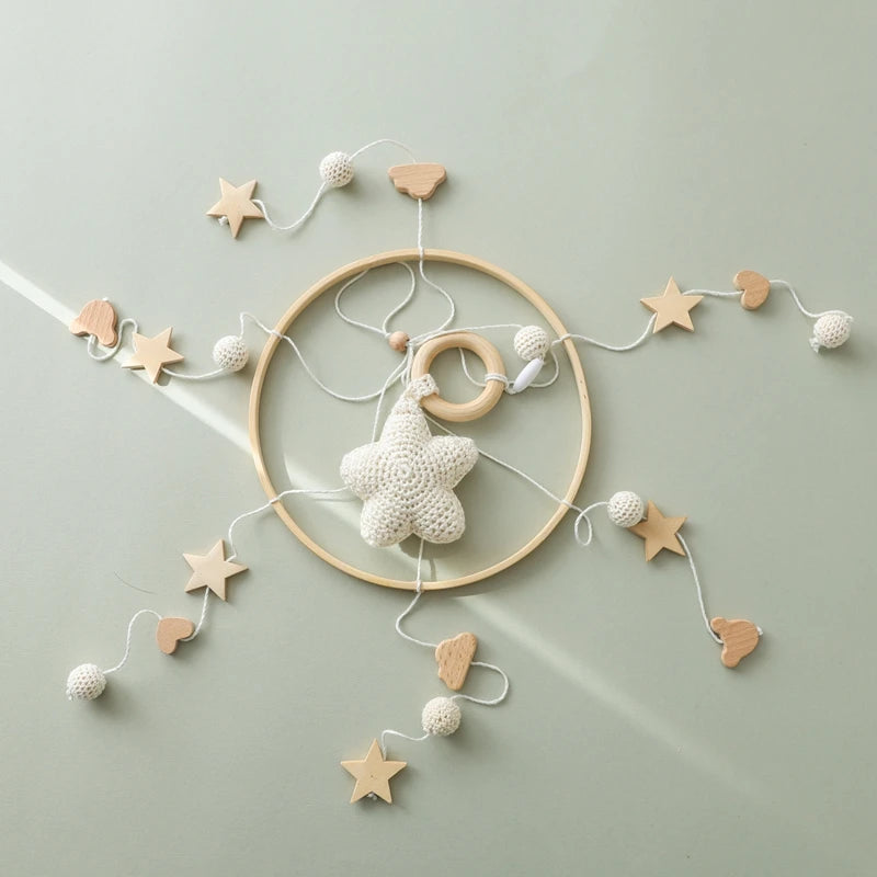 Wooden Baby Crib Mobile – Crochet Stars Bed Bell Rattle Toy